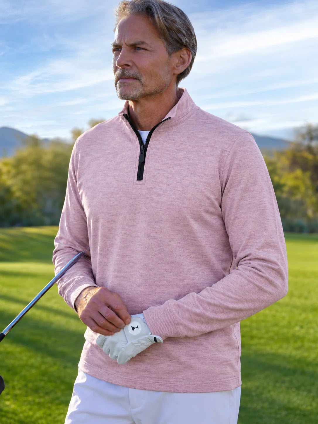Rosa Golf-Pullover mit strukturierter Oberfläche und Viertelreißverschluss aus Funktionsmaterial