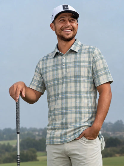 Sagegrünes Performance-Golf-Poloshirt mit Karomuster