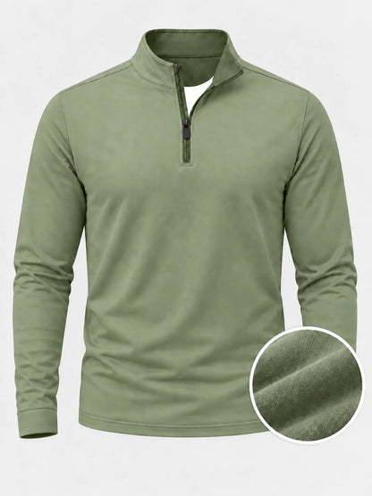 Salbeigrüner Golf-Pullover mit strukturierter Oberfläche und Viertelreißverschluss aus Funktionsmaterial