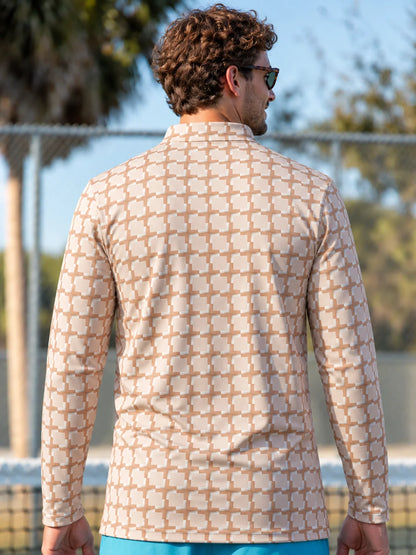 Performance-Pullover in Sand mit geometrischem Muster und kurzem Reißverschluss