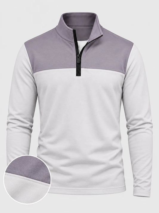 Mauvefarbener Golf-Pullover mit Colorblock-Design und kurzem Reißverschluss