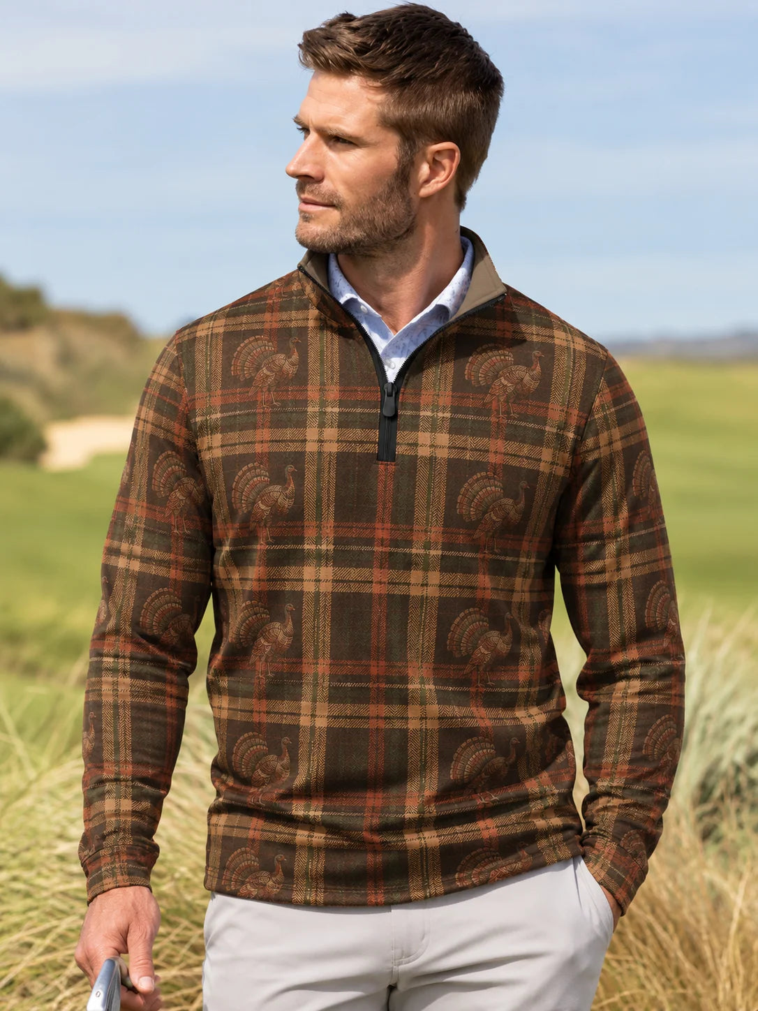 Vintage-Golfpullover mit Thanksgiving-Truthahn- und Karomuster, Funktionsmaterial und Viertelreißverschluss