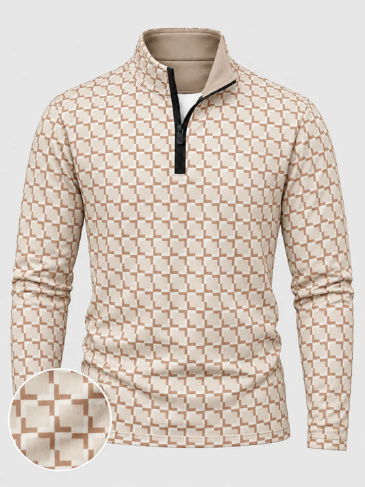 Performance-Pullover in Sand mit geometrischem Muster und kurzem Reißverschluss