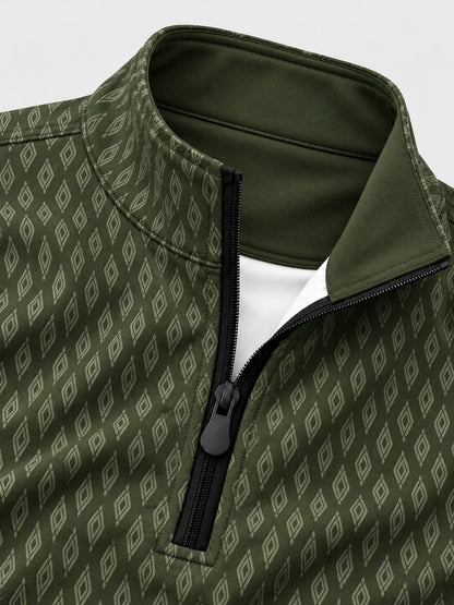 Performance-Pullover mit Viertelreißverschluss und Rautenmuster in Olivgrün