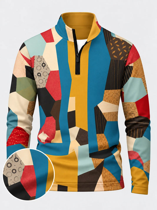Sportpullover mit mehrfarbigem Patchwork-Print und kurzem Reißverschluss