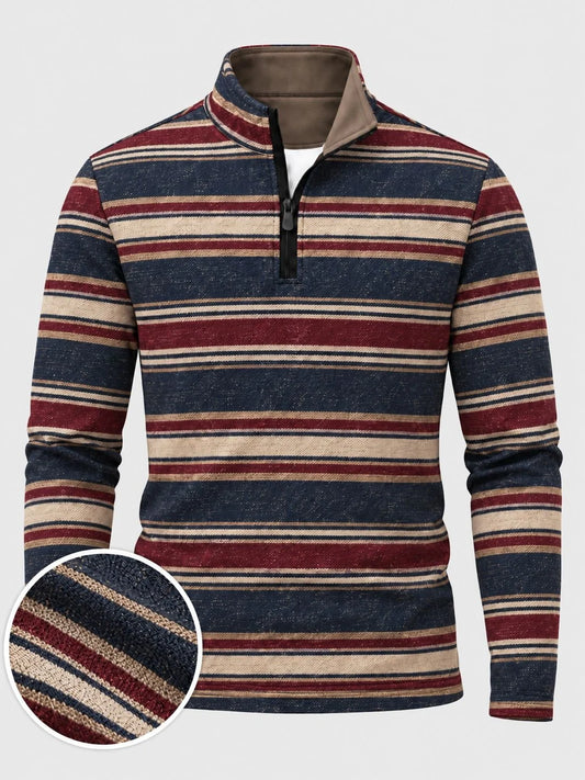 Golfpullover mit Viertelreißverschluss und Streifenmuster in Marineblau, Burgunderrot und Creme, aus Funktionsmaterial