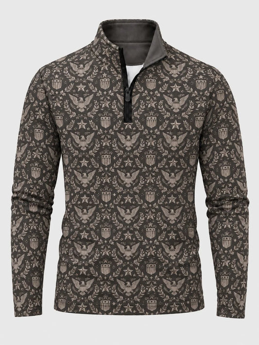 Anthrazitgrauer Golf-Pullover mit Adlerwappen- und Lorbeerkranzmuster und Viertelreißverschluss