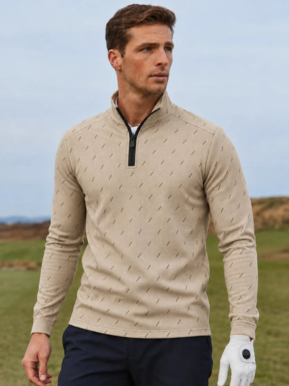 Performance-Golfpullover in Elfenbeinbeige mit feinem Strichmuster und Viertelreißverschluss