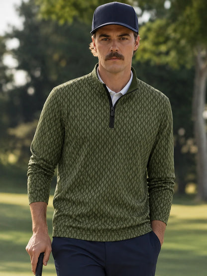 Performance-Pullover mit Viertelreißverschluss und Rautenmuster in Olivgrün