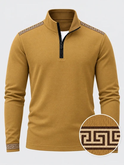 Senfgelber Performance-Pullover mit griechischem Mäandermuster und Viertelreißverschluss