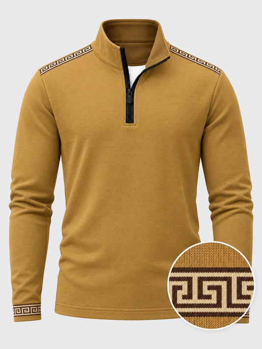 Senfgelber Performance-Pullover mit griechischem Mäandermuster und Viertelreißverschluss