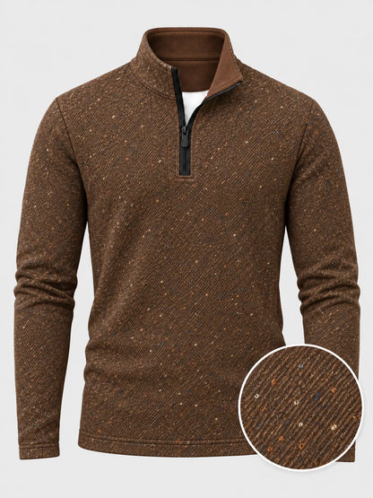 Golf-Pullover mit Viertelreißverschluss und Tweedmuster in Tabakbraun