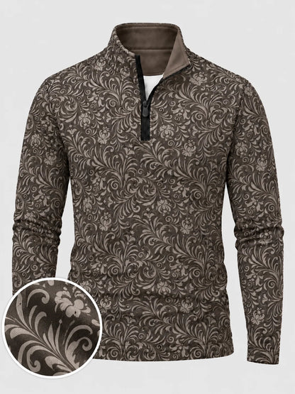 Dunkelbrauner Golfpullover mit floralem Vintage-Print, Funktionsmaterial und Viertelreißverschluss