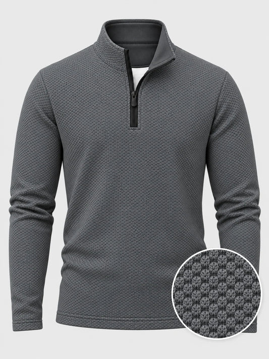 Golfpullover mit Waffelstruktur in Anthrazitgrau, Funktionsmaterial und Viertelreißverschluss