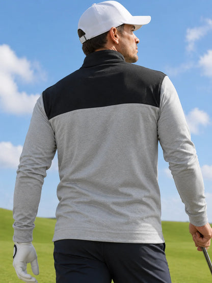 Schwarzer und grauer Golf-Pullover mit Colorblock-Design und kurzem Reißverschluss