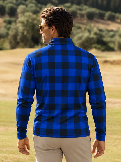 ClubBorne Golf-Pullover mit blauem Büffelkaro und Viertelreißverschluss aus Funktionsmaterial