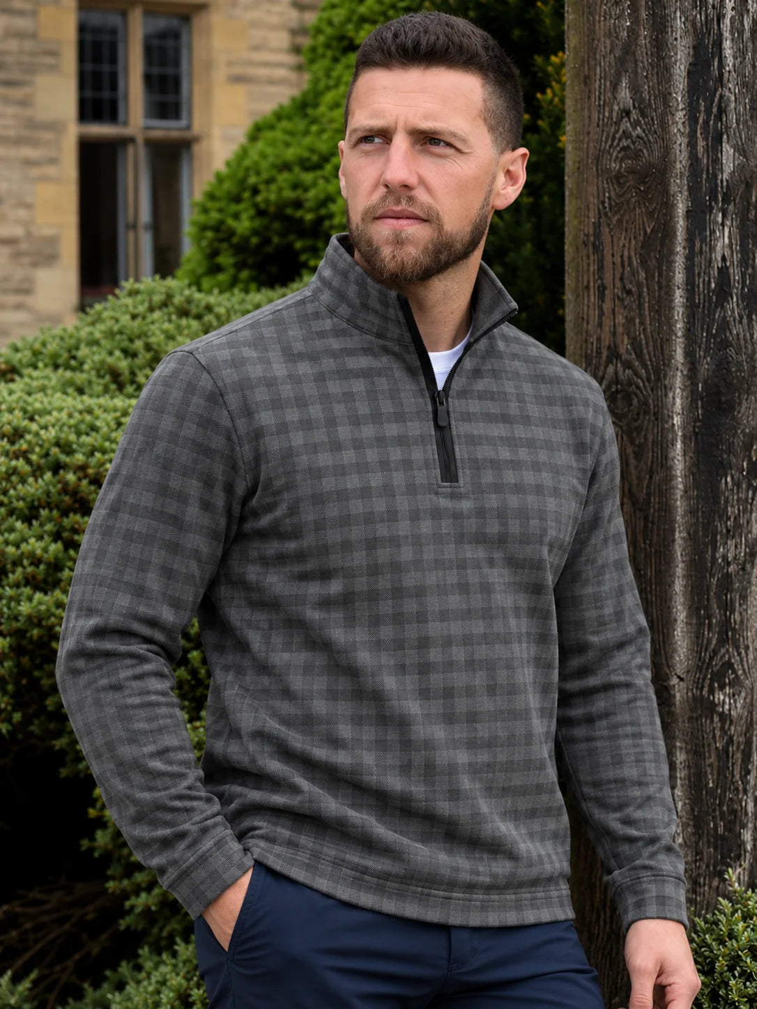 Golf-Pullover aus Funktionsmaterial in Anthrazitgrau mit Vichy-Karomuster und Viertelreißverschluss