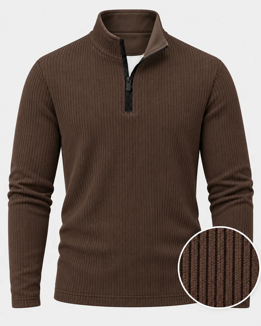 Golfpullover mit Rippstruktur in Schokoladenbraun, Funktionsmaterial und Viertelreißverschluss