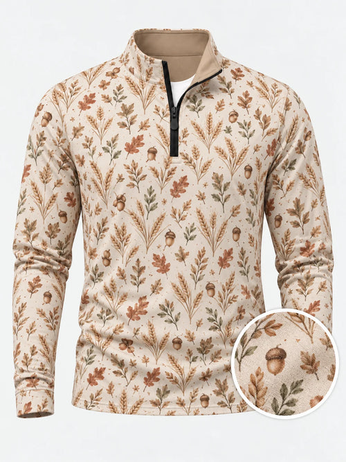 Cremefarbener Golfpullover aus Funktionsmaterial mit herbstlichem Blumenmuster und kurzem Reißverschluss