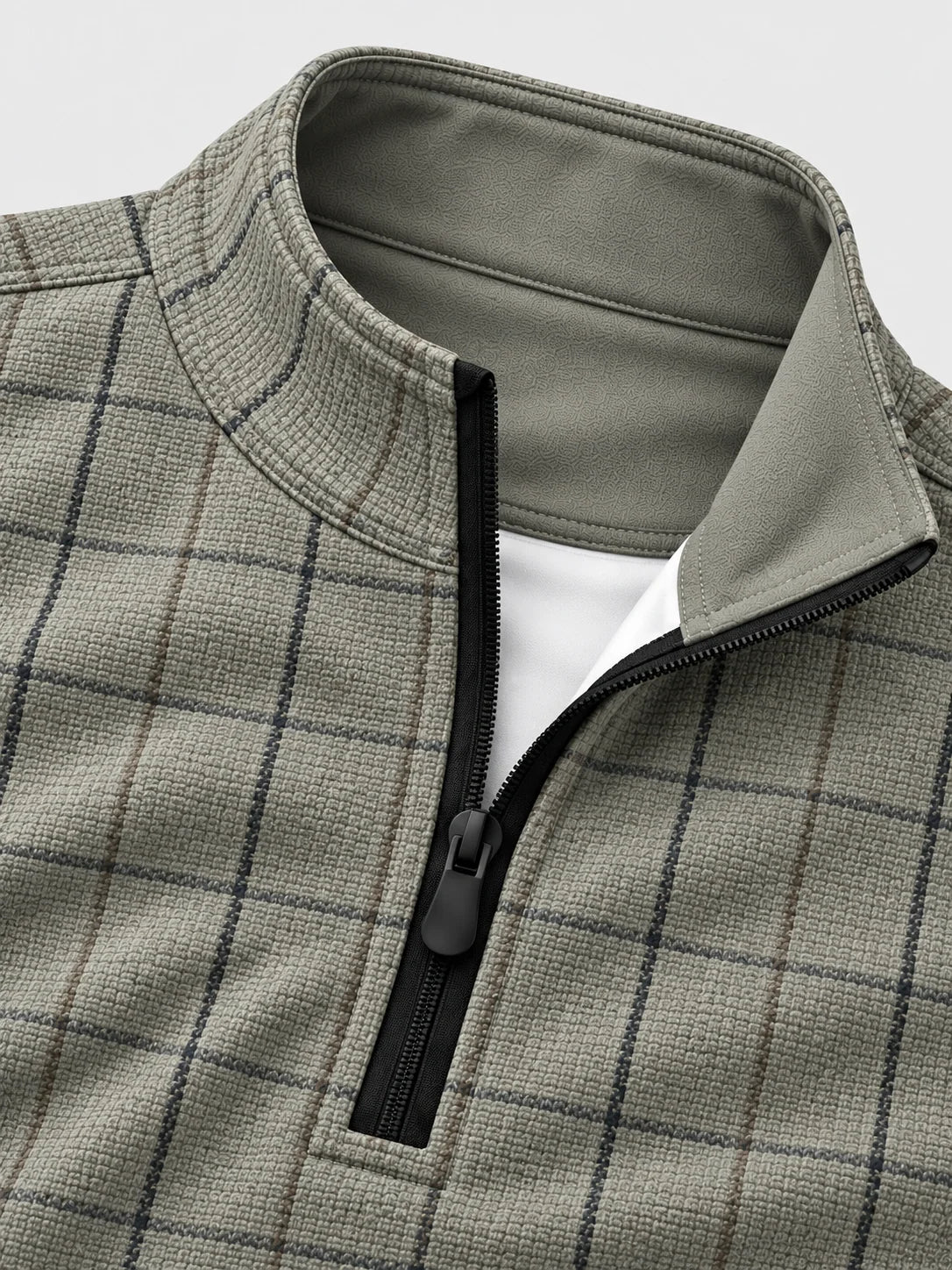 Golf-Pullover mit Viertelreißverschluss und Fensterkaromuster in Salbeigrau