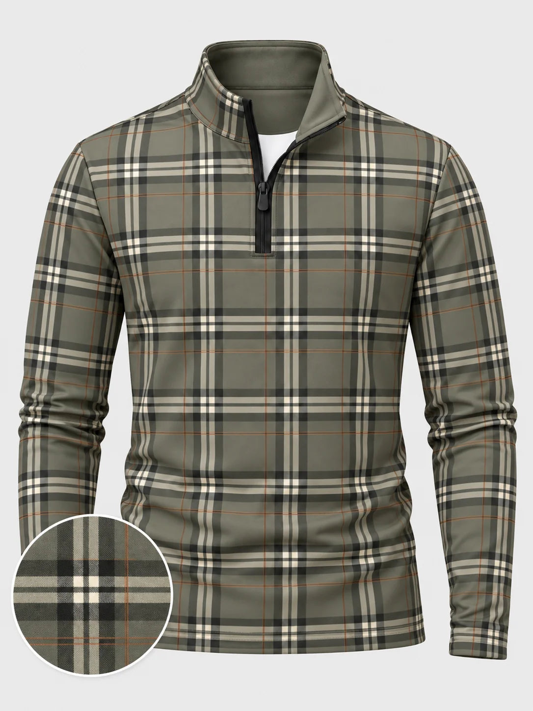 Golf-Pullover in Olivgrün mit Tartan-Karomuster und kurzem Reißverschluss