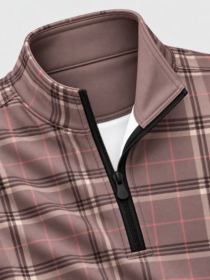 Golf-Pullover in Mauve mit Karomuster und kurzem Reißverschluss