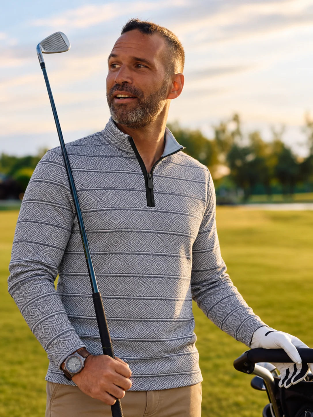 Performance-Pullover mit Viertelreißverschluss und blauem Rautenstreifenmuster