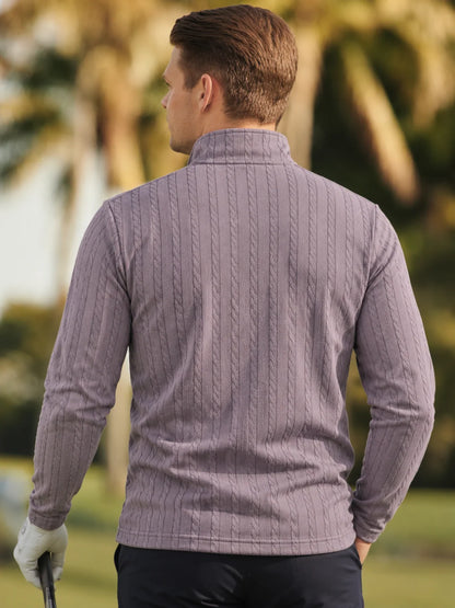 Golfpullover mit Zopfmuster in Altflieder, Funktionsmaterial und Viertelreißverschluss