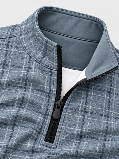 Golf-Pullover aus Funktionsmaterial in Staubblau mit gekreuztem Karomuster und Viertelreißverschluss