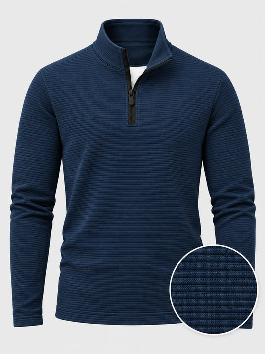 Golf-Pullover aus Funktionsmaterial in tiefem Marineblau mit gerippter Struktur und Viertelreißverschluss