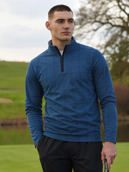 Golfpullover mit Fensterkaro-Muster in Stahlblau, Funktionsmaterial und Viertelreißverschluss
