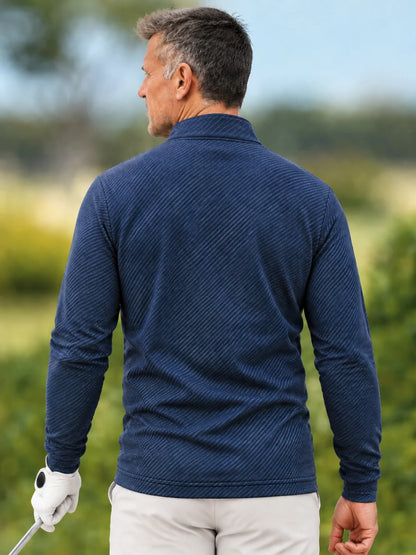 Golf-Pullover mit Viertelreißverschluss und diagonalem Streifenmuster in Marineblau