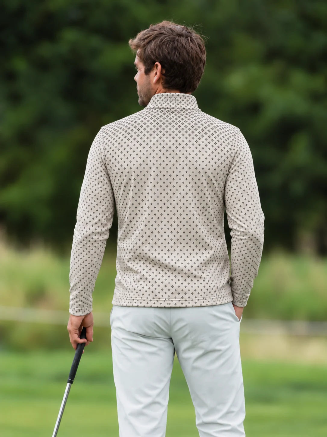 Elfenbeinfarbener Quarter-Zip-Pullover mit Farbverlauf und feinem Mikro-Muster