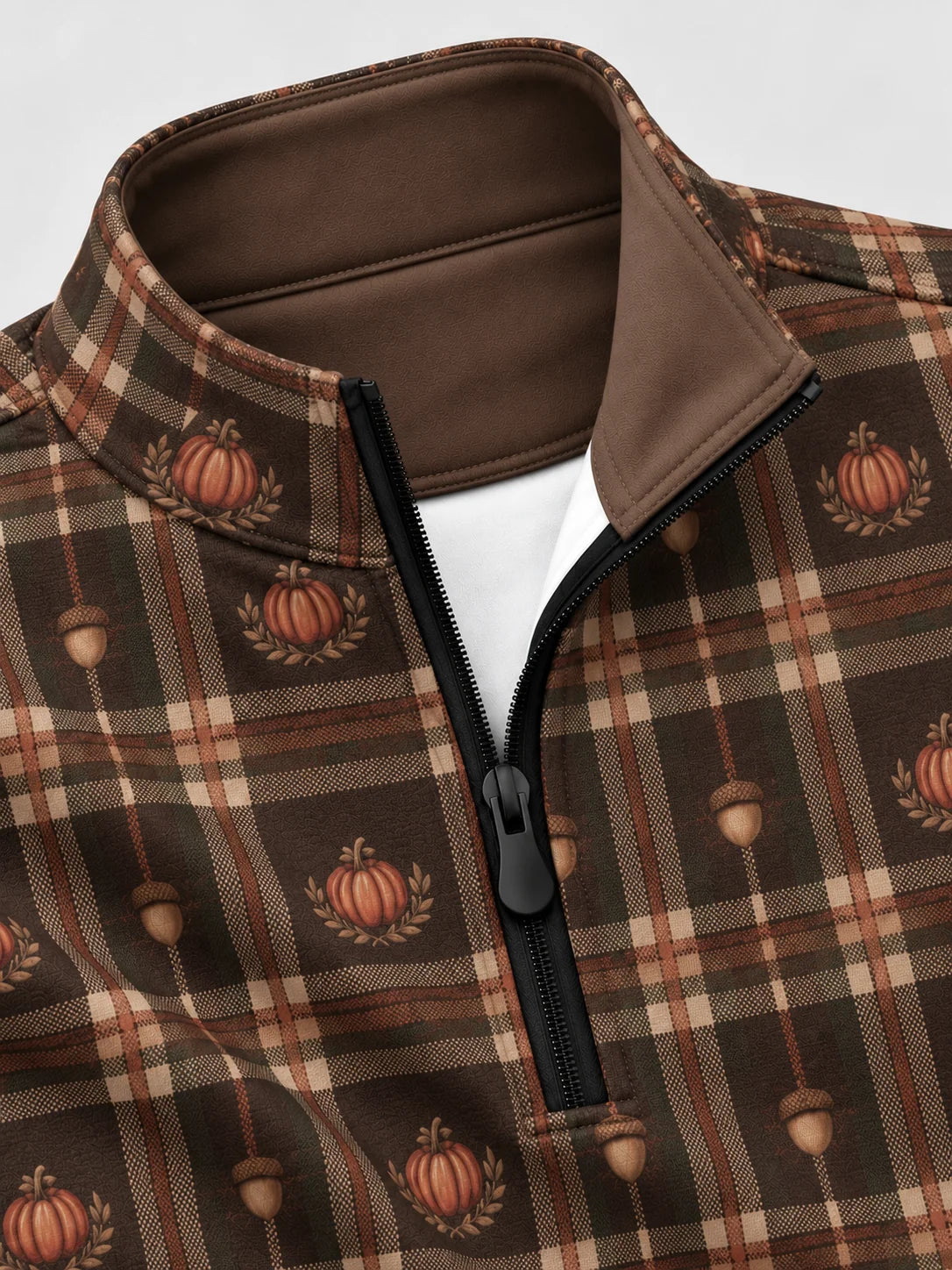 Golfpullover mit Thanksgiving-Kürbis-, Eichel- und Karomuster, Funktionsmaterial und Viertelreißverschluss