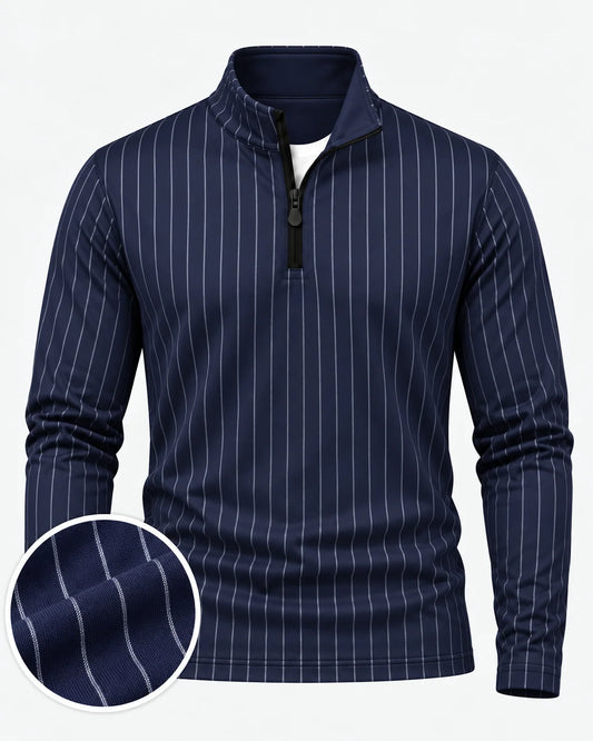 Performance-Golfpullover in Marineblau mit Nadelstreifen und Viertelreißverschluss