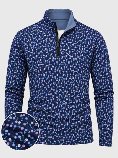 Performance-Pullover in Marineblau mit lavendelfarbenem Blumenmuster und Viertelreißverschluss