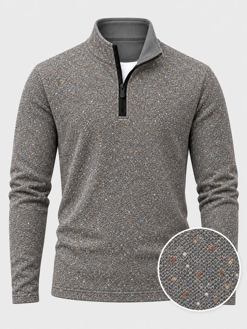 Golf-Pullover mit Viertelreißverschluss und Donegal-Tweed-Muster in meliertem Grau