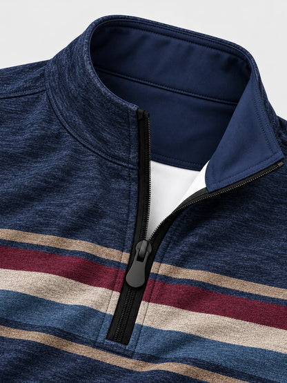 Golf-Pullover aus Funktionsmaterial in meliertem Marineblau mit retro-inspiriertem Bruststreifen und Viertelreißverschluss