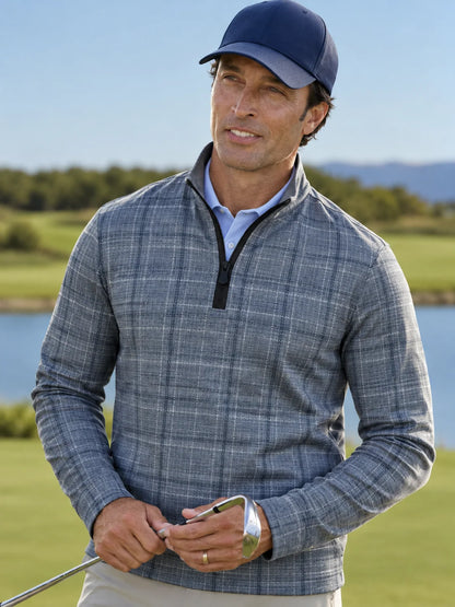 Golf-Pullover aus Funktionsmaterial in Staubblau mit gekreuztem Karomuster und Viertelreißverschluss