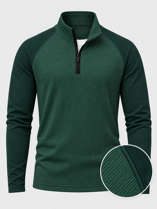 Golf-Pullover aus Funktionsmaterial in Waldgrün mit diagonaler Rippstruktur und Viertelreißverschluss