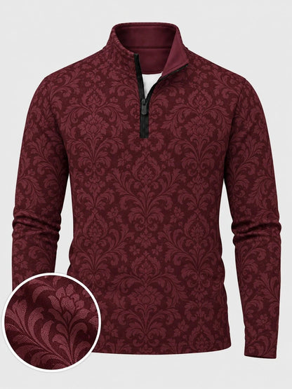 Burgunderroter Golf-Pullover aus Funktionsmaterial mit elegantem Damastmuster und Viertelreißverschluss