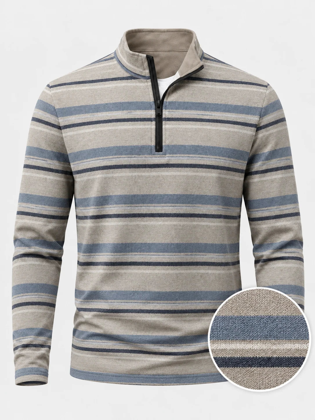 Sandfarbener Performance-Quarter-Zip-Pullover mit blauen Streifen