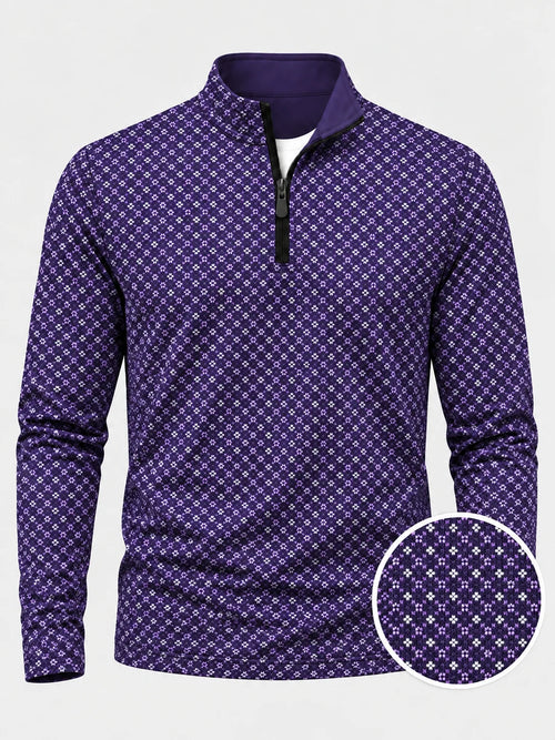 Dunkellila Golf-Pullover mit floralem Mini-Muster und Viertelreißverschluss aus Funktionsmaterial