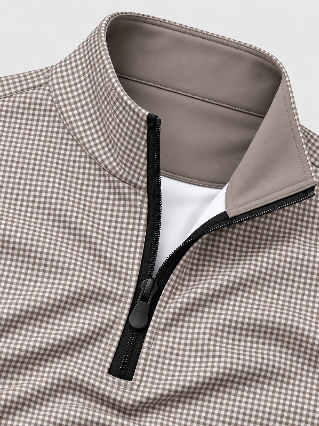 Golf-Pullover in Taupe mit Vichy-K Karomuster und kurzem Reißverschluss