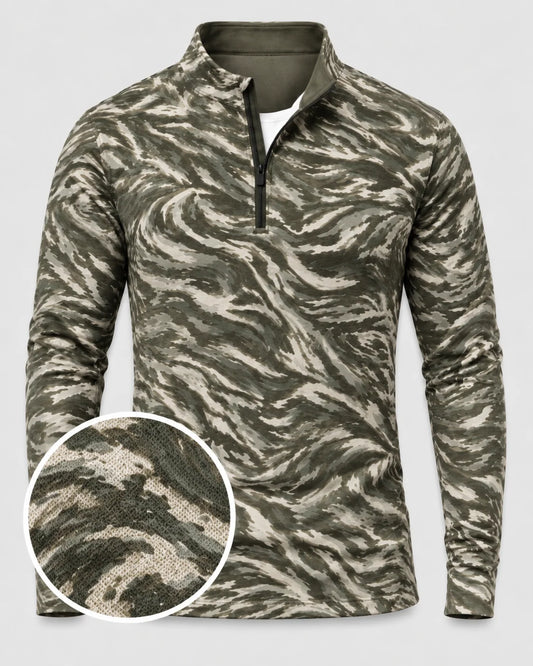 Salbeigrüner Performance-Pullover mit Marmormuster und kurzem Reißverschluss