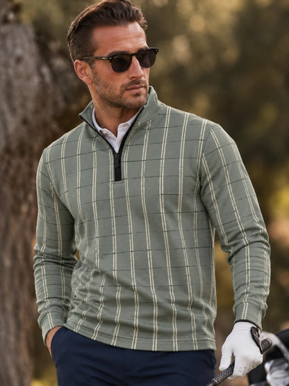 Golf-Pullover aus Funktionsmaterial in Salbeigrün mit Fensterkaromuster und Viertelreißverschluss