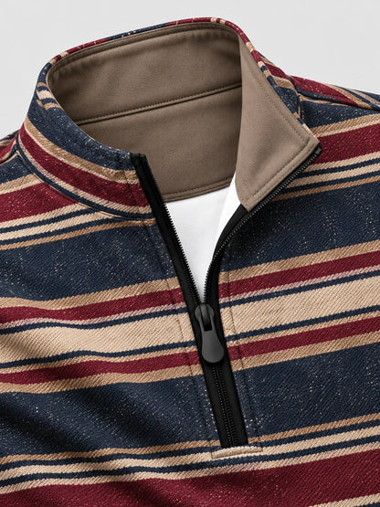 Golfpullover mit Viertelreißverschluss und Streifenmuster in Marineblau, Burgunderrot und Creme, aus Funktionsmaterial