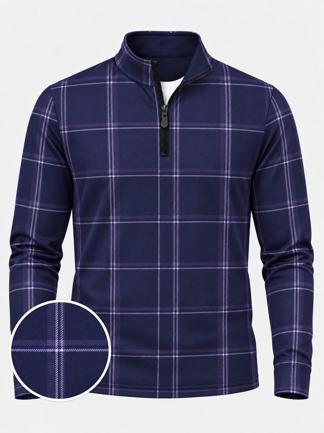 Marineblauer Golf-Pullover mit lavendelfarbenem Fensterkaro und Viertelreißverschluss aus Funktionsmaterial