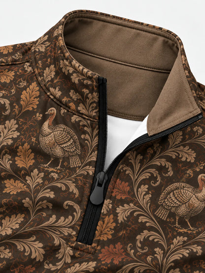 Dunkelbrauner Vintage-Golfpullover mit Truthahnmuster und Viertelreißverschluss aus Funktionsmaterial