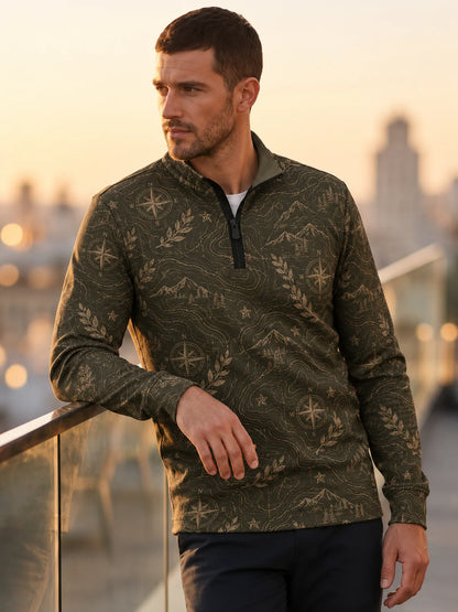 Golf-Pullover aus Funktionsmaterial in Olivgrün mit Vintage-Kompass- und Kartenmotiv sowie Viertelreißverschluss